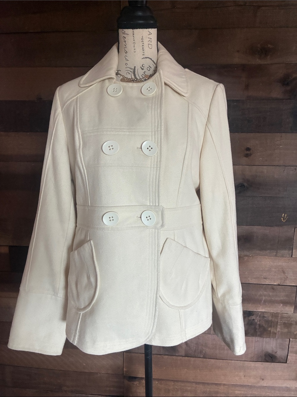 Women's Cream Double-Breasted Peacoat with Belted Waist